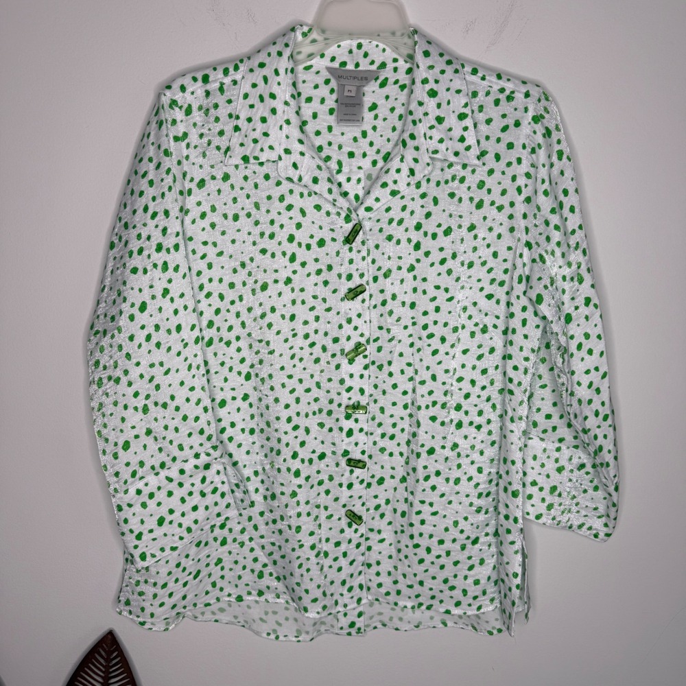 Multiples Green White Spot Print Button Up Blouse Metallic Sheen Petite Small